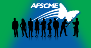 worker silhouettes over blue and green background with white AFSCME + butterfly swoosh