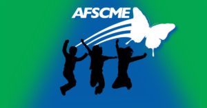 Silhouettes of 3 people jumping for joy on blue and green AFSCME background
