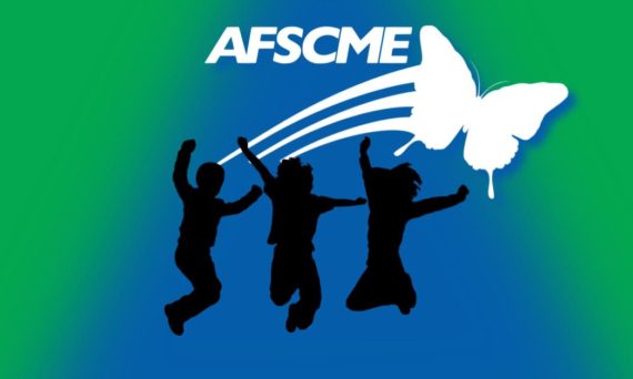 Silhouettes of 3 people jumping for joy on blue and green AFSCME background