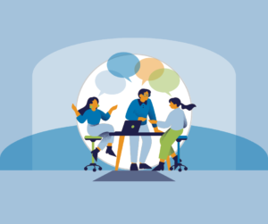 Illustration of 3 BIPOC people at desk with speech bubbles