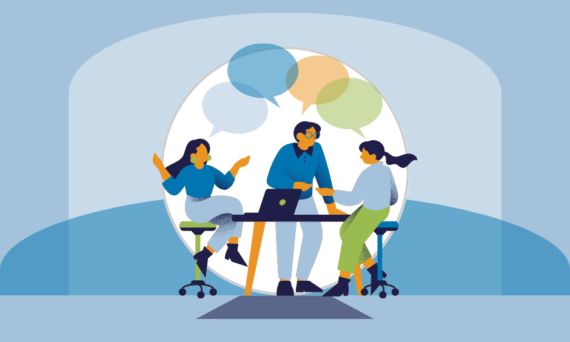 Illustration of 3 BIPOC people at desk with speech bubbles